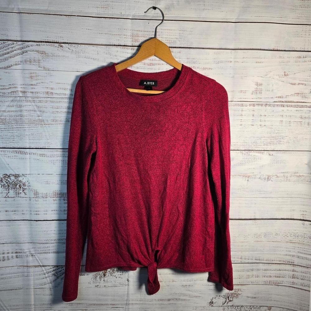 A. Byer Red Tie Front Knit Top Medium Long Sleeve Soft Stretch Sweater Tee